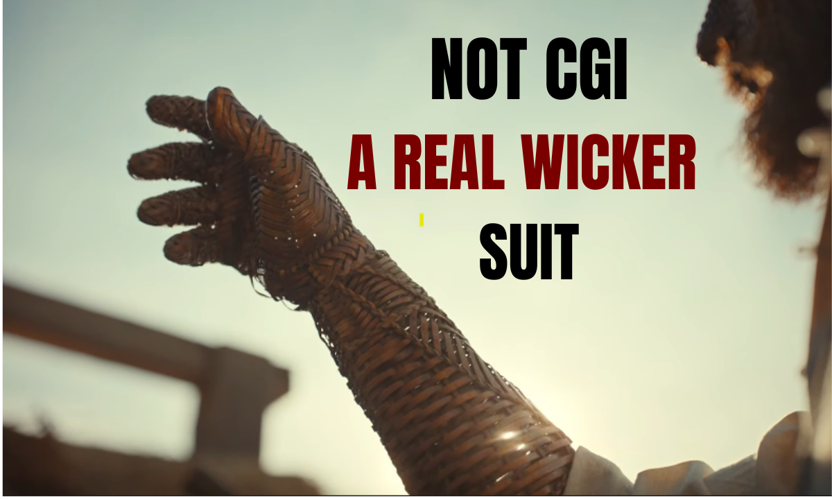 A still from Wicker movie trailer showing Alexander Skarsgård wicker suit created by Weta Workshop for the film Wicker.