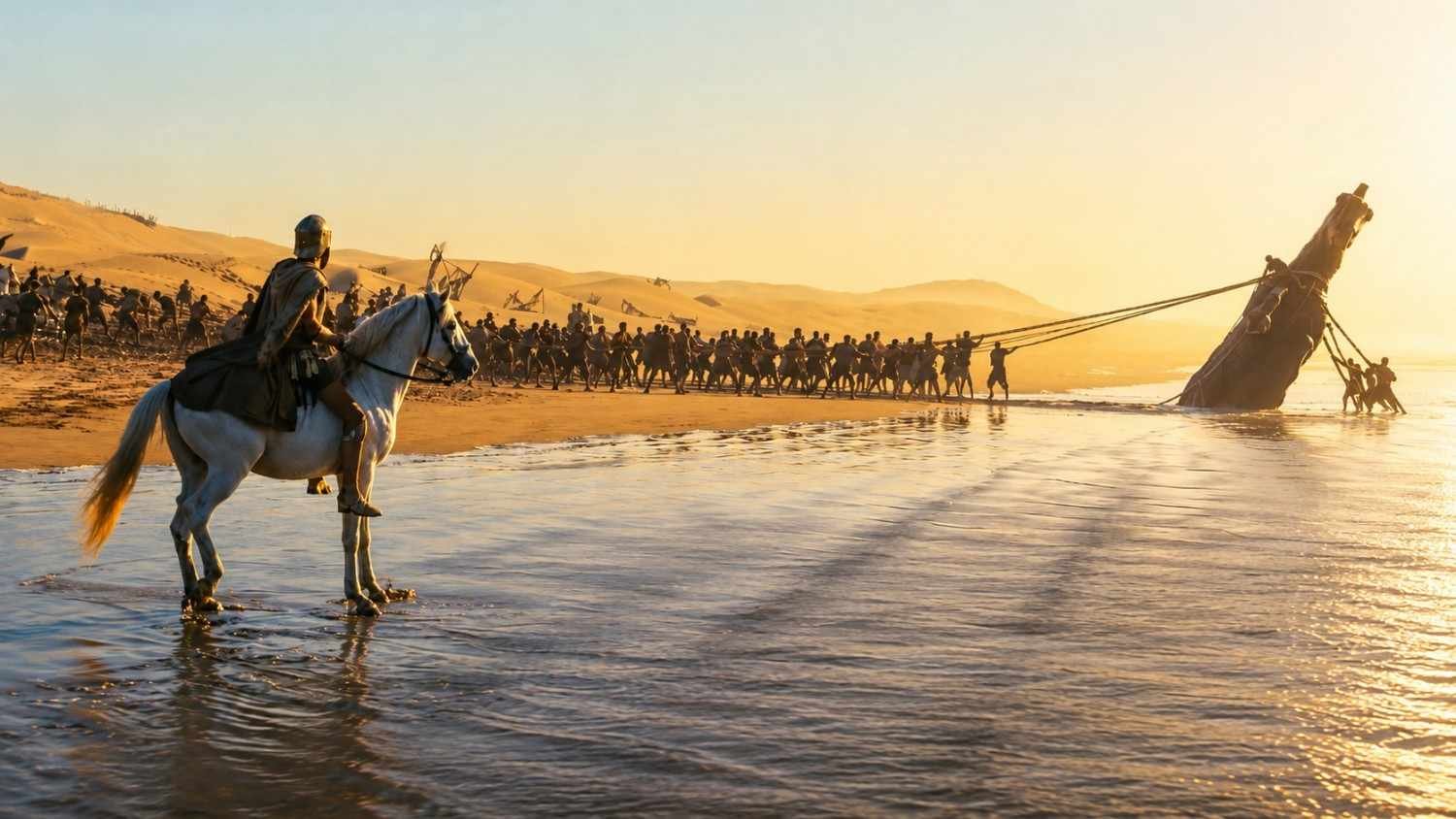 Christopher Nolan's The Odyssey trailer screenshot showing the full-sized Trojan Horse during the film's practical production.