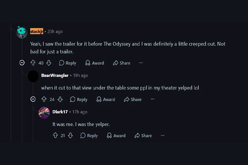 Reddit users discussing audience reactions to the Other Mommy trailer in theaters.