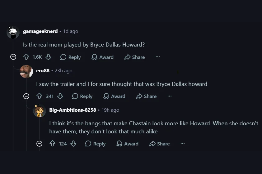Reddit discussion comparing Jessica Chastain and Bryce Dallas Howard after the Other Mommy trailer.