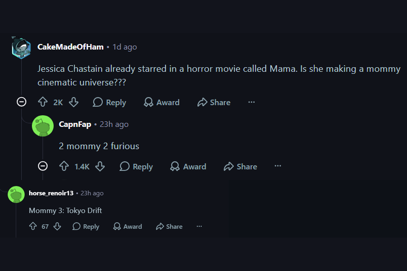 Reddit users joking about a "Mommy Cinematic Universe" after the Other Mommy trailer.